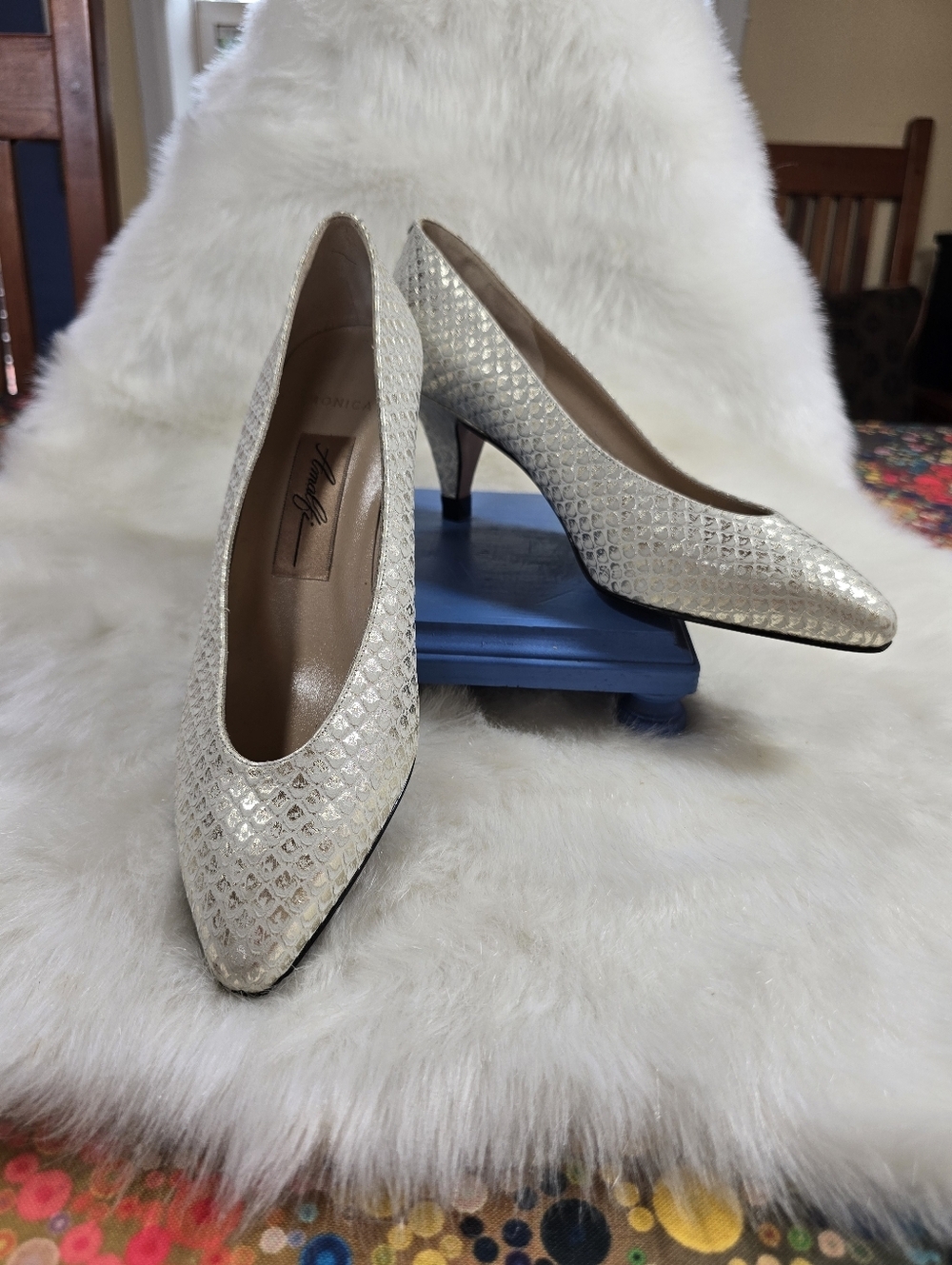 Amalfi Metallic Ivory Snakeskin Print Pointed Toe Pumps - Womens